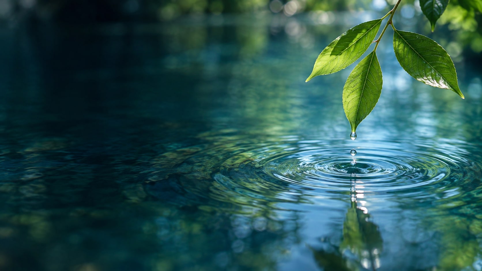 緑の葉から落ちるしずくと、青い水面に広がる波紋